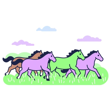A group of horses is galloping across an expansive field. There are five horses, each with distinct features like manes flowing in the wind. The terrain is composed of tall grass that sways with their movement. In the background, there are distant rolling hills that create a sense of vastness. The sky is clear with a few scattered clouds, highlighting the bright atmosphere of the scene. The horses are interacting with each other as they run, creating a dynamic and lively composition.