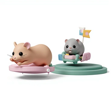 Two small hamsters, one with light brown fur and the other with gray fur, are positioned in separate hamster wheels. The brown hamster is energetically running, its tiny paws a blur as it races forward, while the gray hamster is slightly behind, focused with wide eyes. The wheels are mounted on a vibrant green surface, with colorful signs indicating the race. Bright, cheerful lighting illuminates the scene, emphasizing the determination on both hamsters' faces as they strive to win the race.