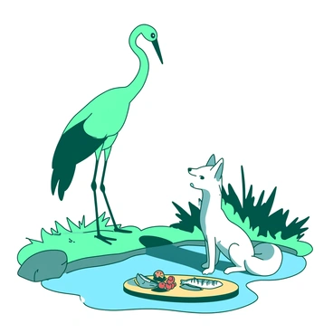 A teal crane stands tall at the edge of a pond, its long neck gracefully extended as it gazes down at the water. Next to the crane, a white fox is sitting on its haunches, its bright eyes fixed on the crane with a cautious expression. Both animals are positioned near a small patch of grass, where there is a shared meal consisting of fish and berries laid out on a flat stone. The water in the pond reflects the surrounding greenery, creating a serene setting. The crane and the fox each appear tense, their bodies slightly tense as they regard each other with wary curiosity.