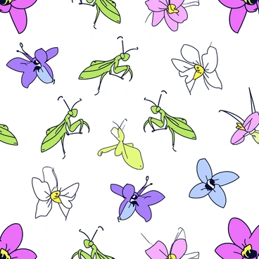 A seamless pattern featuring multiple orchid mantises in various poses. Each mantis has a bright green body with intricate details on its wings. The pattern includes several types of orchids, displaying a range of colors such as purple, pink, and white. The orchids are shown in different stages of bloom, with some fully opened and others in bud form. The mantises are interspersed among the orchids, creating a lively composition throughout the pattern.