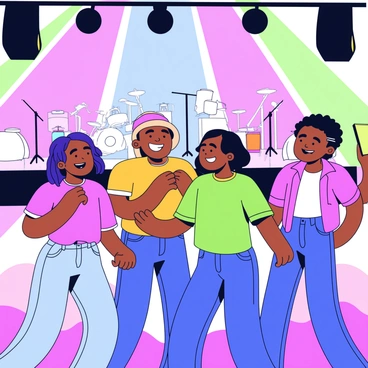 A group of friends is dancing together at a live concert. They are smiling and laughing, showing their enjoyment. The stage is brightly lit with colorful lights in shades of pink, blue, and green, casting dynamic patterns over the crowd. Each friend is wearing casual concert attire, such as t-shirts and jeans. In the background, the silhouette of the band can be seen performing on stage.