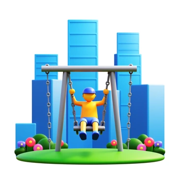 A player swinging on a playground swing set in a modern city park. The swing is suspended from sturdy metal chains, and the player is wearing athletic gear. In the background, there are tall skyscrapers reflecting the sunlight, with a clear blue sky overhead. The park features green grass and colorful flowers, providing a vibrant contrast to the urban environment.