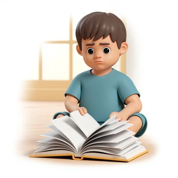 A child looking sad at a book with all pages accidentally folded