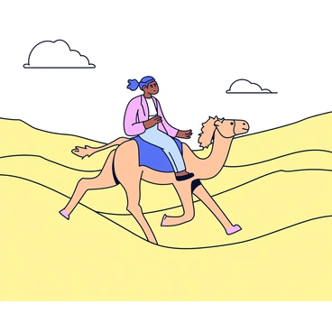 A woman riding a camel is traversing the undulating dunes of a vast desert. The woman is wearing a flowing, lightweight garment that billows slightly in the desert breeze. The camel is a beige color with a gentle expression, moving steadily across the golden sands. The dunes rise and fall in smooth waves, casting soft shadows that suggest the setting sun in the distance. The sky above is clear with a few wispy clouds, and the overall scene conveys the vastness of the desert landscape.