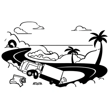 A large truck is overturned on a winding beachside road. The truck is positioned on its side, with debris scattered around it. The road is bordered by lush greenery and tall palm trees swaying gently in the breeze. In the background, there are vast ocean views, with waves crashing against the rocky shore. The sky above is filled with fluffy clouds. A warning sign is visible nearby, highlighting the scene of the accident.