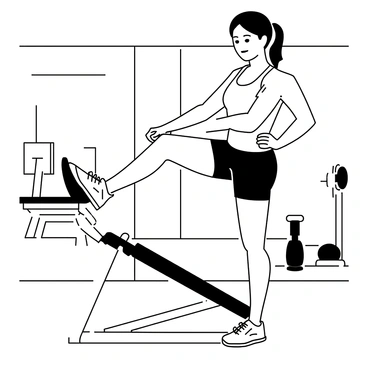 A person is standing on a calf raise machine, positioned with their feet on the platform and their hands gripping the handles. They are wearing a fitted sports tank top and athletic shorts. Their muscles are visibly engaged as they raise their heels, showcasing a focused expression on their face. The gym has various exercise equipment in the background, including weights and machines, creating an active atmosphere. The floor is tiled, and large mirrors reflect the gym environment.