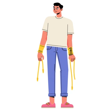A man standing upright with loosely tied ropes around his wrists. The ropes are labeled with the word "expectations" in bold letters. He has a thoughtful expression on his face as he looks ahead. The background features a simple setting, allowing the focus to remain on the man and the ropes. His clothing is casual, with a plain t-shirt and jeans, adding to the everyday feel of the scene. The colors are bright and vibrant, enhancing the cartoon-style illustration.