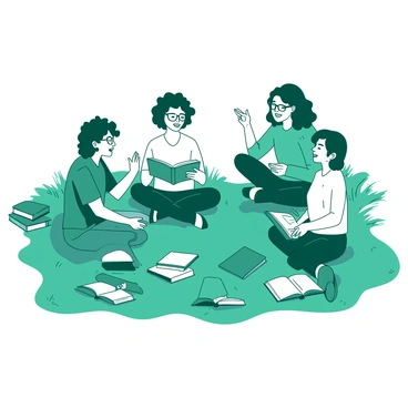 A teal group of five students is seated in a circle on a grassy area. Each student is holding a book, and they are animatedly discussing various topics. One student, with curly hair, is gesturing with excitement while another student, wearing glasses, is taking notes on a small white notepad. A third student is leaning forward, engaged in the discussion, with a bright smile on their face. In the background, there are colorful books scattered around the grass, creating an inviting environment for their literature discussion.