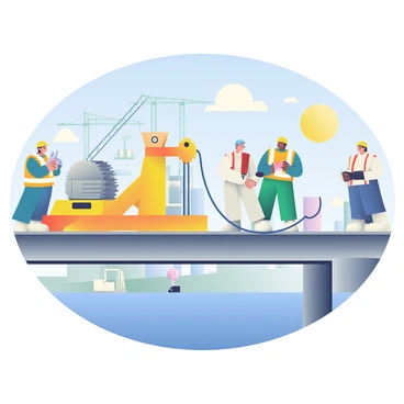 A group of engineers is inspecting the strength of a new bridge. They are wearing hard hats and safety vests while standing on the bridge surface. In the foreground, a large yellow hydraulic press is positioned on the bridge, connected to thick cables. Several engineers are taking notes and using tablets to record data as the machinery operates. In the background, there are tall cranes and construction vehicles, with the sun shining brightly in a clear blue sky. The bridge is made of steel and concrete, showcasing its modern design with clean lines.