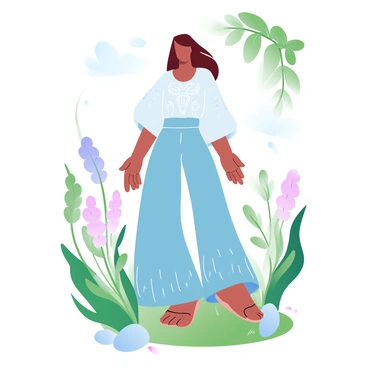 A person is wearing a bohemian outfit made of flowing fabrics in varying shades of earthy tones. The outfit includes a loose-fitting top with intricate patterns and wide-leg pants that sway gently with movement. The person is standing amidst vibrant greenery, with tall grass and wildflowers surrounding them. Sunlight filters through the leaves of nearby trees, casting dappled light on the scene. There are elements of nature like stones and small plants in the foreground, enhancing the connection to the natural environment.