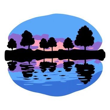 A group of black silhouetted trees stands along the edge of a tranquil fish pond. The dark outlines of the trees are mirrored on the surface of the water. The pond gently ripples, creating soft distortions of the tree shapes. The sky above transitions into a deep blue, with hints of orange and purple fading at the horizon as dusk settles in. Small fish occasionally break the surface of the water, creating subtle circles that disrupt the reflections.