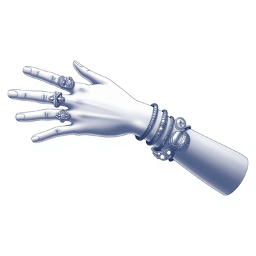 A close-up view of a hand belonging to Cleopatra. The hand is gracefully extended, showcasing a delicate and elegant posture. Intricate bracelets are wrapped around the wrist, designed with elaborate patterns and details that reflect a rich cultural heritage. Several ornate rings adorn the fingers, each featuring unique gemstones or carvings. The skin is smooth, emphasizing the luxurious jewelry and the historical significance of the figure. Light plays off the metallic surfaces of the adornments, highlighting their craftsmanship.