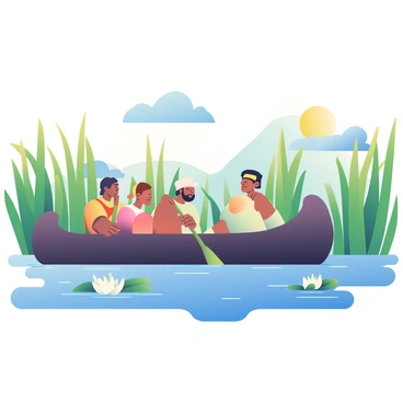 A group of nomads is skillfully navigating through lush wetlands in a simple wooden canoe. The canoe is crafted from dark wood and has a smooth, polished surface. The nomads, wearing traditional clothing made from natural fabrics, are focused on their paddling technique. Rich green reeds and tall grasses rise from the water on either side, reflecting the sun’s golden light. Small ripples form around the canoe as it glides through the water, and a few water lilies with white flowers can be seen floating nearby. In the distance, a vibrant blue sky is dotted with fluffy white clouds.