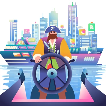 A pirate captain with a rugged appearance and a weathered tricorne hat stands confidently at the helm of a high-tech ship. The ship has sleek lines and glowing accents, reflecting the vibrant neon colors of the futuristic city surrounding it. The waters below are illuminated with shades of blue, pink, and green, creating a mesmerizing effect. Skyscrapers adorned with bright advertisements tower in the background, their lights shimmering on the surface of the water. The captain's gaze is fixed ahead as he grips the advanced navigation controls, ready to steer through the bustling harbor filled with other futuristic vessels.
