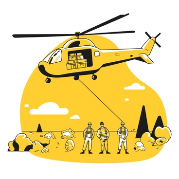 A helicopter with a large rotor is descending toward an open field. The helicopter is equipped with emergency relief supplies visible in the cargo hold. Below the helicopter, a team of rescue workers is positioned, ready to assist those in need. They are wearing safety vests and helmets, busy preparing to unload the supplies. In the background, an expanse of grass is shown, with scattered debris from the natural disaster, indicating the urgency of the situation. There are distant trees swaying slightly, suggesting a windy environment.