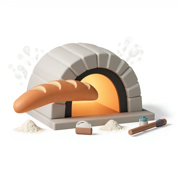 A freshly baked baguette, with a golden-brown crust and a crispy exterior, is being pulled from a rustic stone oven. The baguette has steam rising from its surface, showcasing its warm, fluffy interior. The stone oven has a rough texture, with a warm glow emanating from within. Surrounding the oven, there are flour-dusted surfaces and a few scattered kitchen tools, emphasizing the artisanal bread-making process. The scene captures the inviting atmosphere of a traditional bakery.