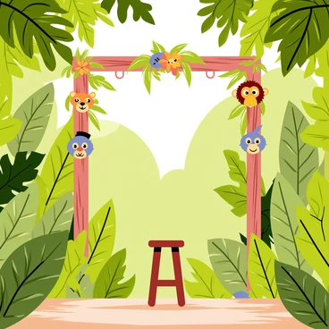 A jungle photobooth surrounded by dense, lush green plants, creating a vibrant natural backdrop. The photobooth features a wooden frame adorned with colorful tropical flowers. Wild animal masks, including a lion, a monkey, and a parrot, hang from hooks on either side of the booth, inviting visitors to wear them. Sunlight filters through the canopy above, casting playful shadows on the ground. A small wooden stool sits in front of the booth, providing a spot for guests to pose for photos.