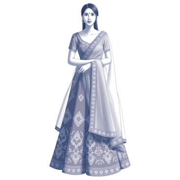 A lehenga with intricate designs. The fabric is adorned with traditional art motifs, featuring detailed patterns that include floral and geometric shapes. The silhouette of the lehenga is full and flowing, with a decorative border at the hemline. The accompanying choli is fitted and complements the lehenga with matching motifs. The ensemble is completed with a dupatta draped elegantly over one shoulder. The overall look is rich in detail and showcases the harmony between fashion and traditional artistry.