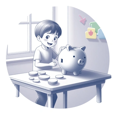 A child is standing at a small table, engaging in the process of inserting coins into a piggy bank. The child has short hair and is wearing a cheerful expression, with wide eyes filled with excitement. The piggy bank is large, with a rounded shape and features a smiling face. The coins are shiny and scattered around the table, some are already halfway in the slot of the piggy bank. Sunlight is streaming in through a window, casting a warm glow over the scene, and creating soft shadows on the table. The background includes simple toys and colorful drawings on the wall.