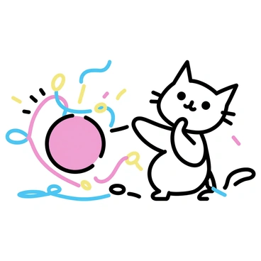 A playful cat, with a fluffy coat and bright eyes, is batting at a ball of yarn. The yarn is round and prominently positioned in the center of the image. Colorful strands of yarn are sprawled around the cat, creating a vibrant scene. The cat is in a playful stance, with its paw raised, as it interacts with the yarn. The background is simple to keep the focus on the cat and the yarn.