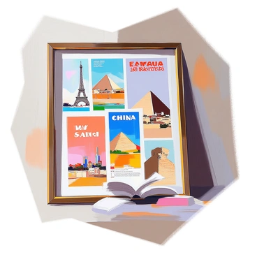 A framed collection displaying several vintage travel posters from various countries. Each poster features iconic landmarks and destinations, such as the Eiffel Tower, the Great Wall of China, and the pyramids of Egypt. The vibrant colors and classic typography from the mid-20th century evoke a sense of adventure. The frame is ornate and made of dark wood, enhancing the nostalgic feel of the collection. The arrangement of the posters is balanced, showcasing a diverse range of cultural imagery.