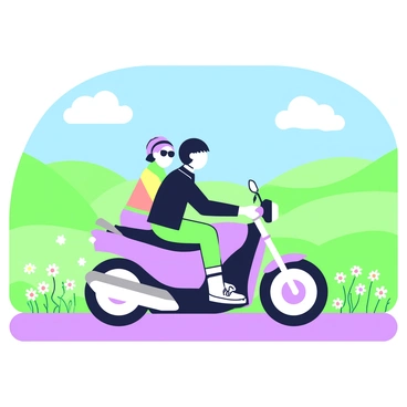 A duo is riding a moto-bike through rolling countryside hills. The rider in front is wearing a black helmet and a leather jacket, while the passenger is dressed in a colorful scarf and sunglasses. Their bike is sleek and modern, with a shiny surface reflecting the vibrant landscape. In the background, the hills are layered, with gentle slopes and patches of green grass. A clear blue sky stretches overhead, dotted with a few fluffy clouds. Scattered wildflowers are visible along the roadside, adding to the scene's charm.