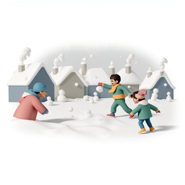 A group of children, wearing colorful winter coats, scarves, and mittens, are joyfully engaged in a snowball fight in a snowy neighborhood. One child, in a red coat and blue hat, is crouched down behind a snowbank, peeking out with a determined expression. Another child, wearing a green jacket and a yellow scarf, is aiming a snowball at a friend who is laughing while dodging to the side. Fluffy snow is falling gently from the gray sky, and snow-covered houses with smoke curling from chimneys are visible in the background. The ground is covered in a thick layer of pristine white snow, with snowmen and snow forts scattered around the area.