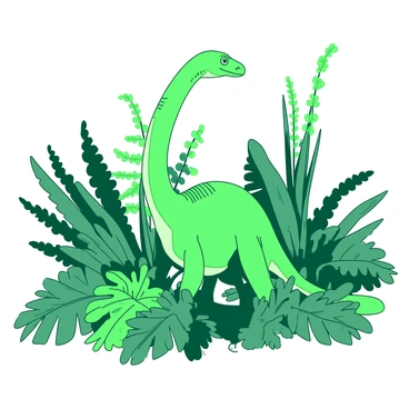 A green dinosaur is standing among a diverse assortment of Jurassic period plants. The dinosaur has a long neck and distinct textured skin, which contrasts with the vibrant foliage around it. Surrounding the dinosaur are large, broad-leaved ferns in shades of green, towering cycads with thick trunks, and vibrant horsetails. Each plant is intricately detailed, showcasing the unique shapes and sizes typical of the Jurassic era. The scene is lively, with the dinosaur curiously looking around, partially obscured by the lush greenery that envelops it.