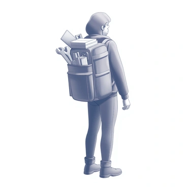 A person standing upright while carrying a large backpack. The backpack appears to be bulging, indicating it is filled with various tools and books. The person's posture suggests they are focused and ready for an adventure. The tools, visible through slight openings, include wrenches and pliers, while the books can be seen stacked neatly inside the bag. The person's clothing includes sturdy pants and a practical jacket, suitable for outdoor activities.