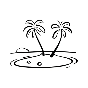 A small tropical island surrounded by calm ocean waters. Tall palm trees sway gently in the breeze, their trunks slender and curved. The pristine beach is dotted with soft sand, leading up to the edge of the water. There are a few seashells scattered along the shore. In the background, the horizon meets the sky, creating a serene atmosphere.