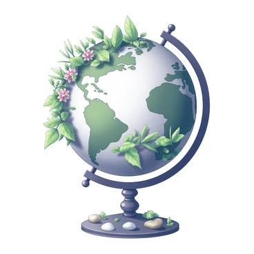 A globe resting on a flat surface. The globe is covered in a detailed depiction of a lush garden. Various plants, including large green leaves and blooming flowers, are flourishing across the globe’s surface. The continents are partially visible beneath the garden, blending with the greenery. Small stones and elements of nature, such as twigs and patches of soil, are scattered throughout the garden area. The base of the globe is designed with a decorative stand, adding elegance to the overall composition.