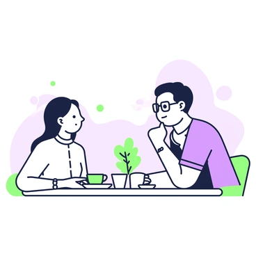 Two people are sitting across from each other at a small table. The first person, a woman with long hair, is leaning slightly forward, with an attentive expression on her face. She is wearing a light-colored blouse and minimal accessories. The second person, a man with short hair and glasses, is also leaning in, showing an open demeanor. He is dressed in a dark shirt and has a thoughtful look in his eyes. The table between them has a small plant and two cups of coffee, creating a cozy atmosphere. The background is softly blurred, focusing the viewer's attention on their attempts to establish eye contact.