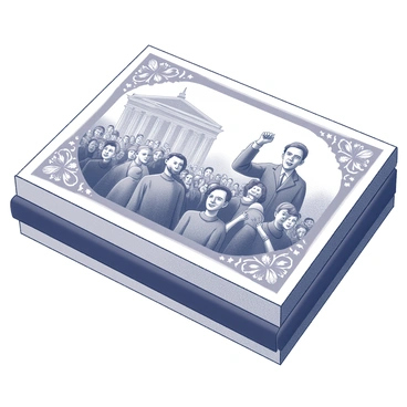 A vintage matchbox featuring an illustration representing a significant historical event. On the front, there is an intricate black and white drawing of a gathering of people engaged in the event, with a central figure delivering a speech. Surrounding the figure, there are expressions of determination and hope on the faces of the crowd. In the background, notable architectural elements are depicted, symbolizing the era of the event. The edges of the matchbox are adorned with detailed ornate patterns that frame the central scene.