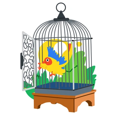 A detailed bird cage made of intricate metal bars is shown with its door wide open. The cage is perched on a wooden stand, highlighting its ornate design. A colorful bird with vibrant feathers is captured mid-flight, soaring out of the cage. Sunlight shines through the open door, illuminating the bird's wings as it takes to the sky. The background features hints of greenery, suggesting an outdoor environment just beyond the cage.