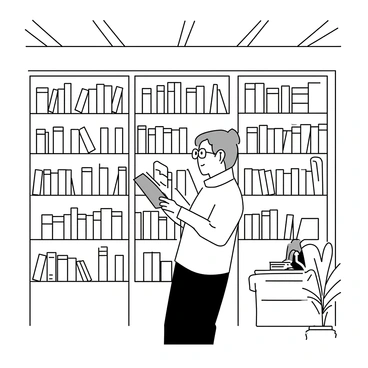 A senior citizen with gray hair wearing glasses is standing in a quaint bookshop filled with tall bookshelves. The shelves are packed with various books, some stacked horizontally while others stand vertically. The senior is holding a book in one hand and peering closely at the cover. The bookshop has a cozy atmosphere, with wooden beams on the ceiling and a warm light illuminating the space. A small reading nook with an armchair and a side table can be seen in the corner, along with a potted plant adding a touch of greenery to the scene.