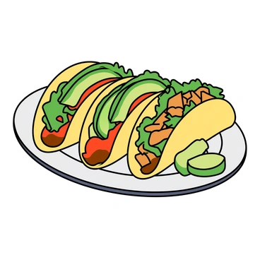 A platter of three colorful tacos arranged neatly. Each taco shell is a soft corn tortilla, slightly folded and filled to the brim. One taco is overflowing with vibrant green cucumber slices, creamy avocado chunks, and a generous scoop of bright red salsa. The second taco features diced tomatoes and crisp lettuce, adding a fresh touch. The third taco is filled with grilled chicken pieces, adorned with a sprinkle of cilantro for additional color. The platter is garnished with small lime wedges on the side, ready to enhance the flavors.