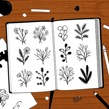 A series of intricate hand-drawn floral patterns displayed across the open pages of an illustration book. The book is resting on a wooden desk, showcasing rich wood grain details. Each floral pattern features various flowers and leaves, elegantly intertwined. The desk has a few scattered art supplies like pencils and erasers nearby, adding to the creative atmosphere. The surrounding space is organized, with the soft texture of the page contrasting against the hard surface of the desk.