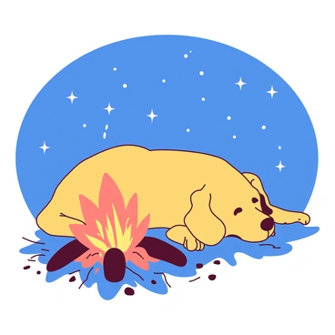 A golden retriever lounging by a cozy bonfire on a starry night