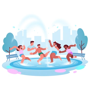 Children playing in an urban splash pad with water jets shooting up in varied patterns