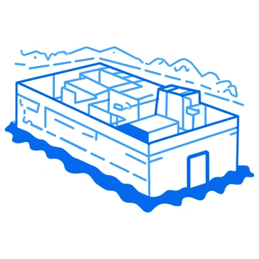 A detailed blueprint sketch of "Noah's Ark" featuring its large rectangular hull with multiple levels. The structure is divided into various sections, including the main deck and separate compartments for animals. The design includes detailed measurements and labeling of the entrances, windows, and feeding areas. Above the ark, a faint outline of the surrounding landscape shows gentle waves and distant mountains. The blueprint is rendered in shades of blue and white, with clear lines and annotations indicating specific features of the ark's architecture.