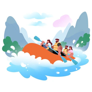 A group of adventurers is navigating through turbulent rapids on a white-water rafting expedition. The raft is vibrant orange, bouncing over large waves with foamy white water splashing around it. Each adventurer is wearing a bright life jacket, gripping the oars tightly as they steer through the churning water. In the background, steep rocky cliffs rise sharply on either side, and lush greenery clings to the rocks. The sky above is a soft gradient of pastel colors, transitioning from light blue to soft pink, indicating a beautiful day for adventure.