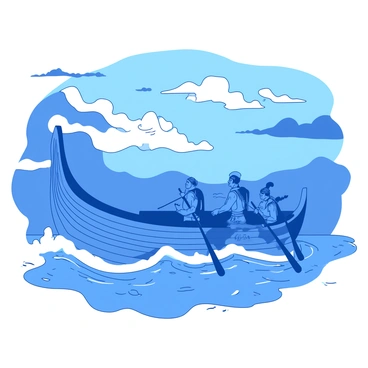 A blue Viking longship navigates through misty waters, its elongated hull cutting through the soft waves. The ship is adorned with intricate carvings along the prow, depicting fierce animals. Warriors with determined expressions are positioned on either side of the ship, vigorously rowing with long oars, their muscles tense with effort. The sky above is dramatic, filled with swirling clouds in shades of grey and hints of orange peeking through, suggesting the approach of dawn or dusk. The mist clings to the water, creating an ethereal atmosphere around the ship as it glides forward into the unknown.
