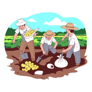 A group of farmers is digging up potatoes from rich brown earth. They are using sturdy metal shovels and wearing wide-brimmed hats for sun protection. The farmers are focused on their task, with some crouching down to collect the potatoes while others stand upright, holding bags filled with freshly harvested potatoes. The background features lush green fields and rows of crops, while above, a partly cloudy sky casts dynamic shadows on the ground, enhancing the scene's vibrancy.
