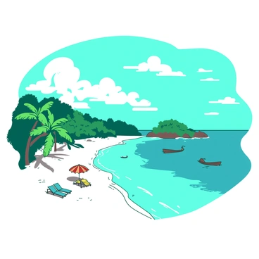 A duotone illustration of the Perhentian Islands shows a vibrant teal sky filled with fluffy white clouds. Below, the scene reveals clear blue waters gently lapping against pristine white sand beaches. Lush green palm trees frame the beach, casting soft shadows on the sand. A few colorful beach umbrellas and lounge chairs are scattered along the shore, inviting relaxation under the sun. Small boats can be seen floating on the turquoise water, enhancing the tranquil coastal atmosphere.
