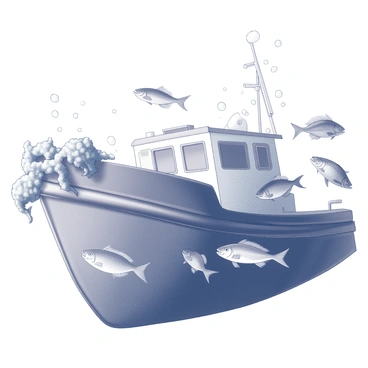 An underwater view of a fishing barge. The hull of the barge is visible, featuring barnacles and seaweed clinging to its underside. Various fish are swimming around the hull, showcasing a variety of shapes and sizes. The scene captures the movement of the fish as they dart in and out, creating a lively atmosphere. Bubbles rise to the surface, adding a sense of depth to the underwater environment. Light filters down from above, illuminating the water and highlighting the textures of the barge and the fish.