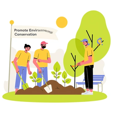 A team of volunteers is actively planting young green trees in a city park. The volunteers consist of diverse individuals, including two women and a man, all wearing matching bright yellow t-shirts. Some volunteers are digging holes in the soil with shovels, while others are carefully placing saplings into the ground. A nearby park bench can be seen, and a couple of colorful birds are perched on the branches of existing trees. The sun is shining brightly, casting cheerful light over the scene, and a banner that reads "Promote Environmental Conservation" flutters in the gentle breeze.
