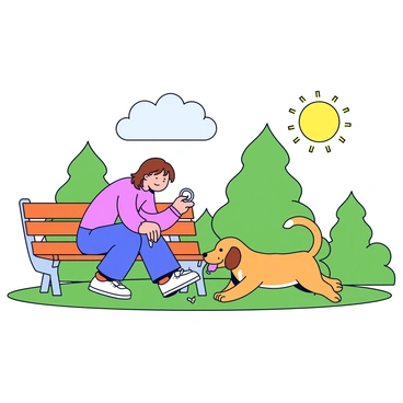 A person with short brown hair is bending down to pick up a set of keys from under a wooden park bench. The keys are shiny and silver, with a small keychain attached. Beside the bench, a playful golden retriever is holding a stick in its mouth, its tail wagging energetically. The park has green grass and a few scattered trees in the background. The sun is shining, casting a soft light over the scene.