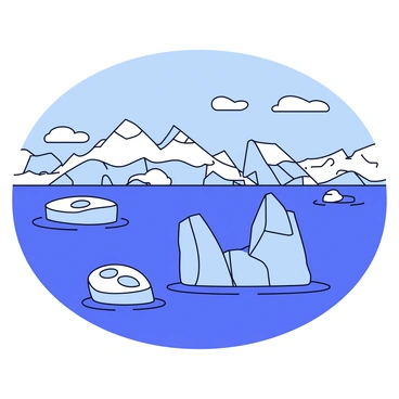 Several majestic icebergs floating in cold waters at the tundra's coastal edge. The icebergs are varying in size and shape, some towering above the water while others are partially submerged. The water is a deep blue with gentle ripples. The coastline is rugged, with rocky formations and patches of snow. The sky above is clear with a few wispy clouds.