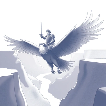 A warrior clad in armor sits atop a majestic griffin as they soar high above a vast canyon. The griffin has powerful wings spread wide, feathers detailed in black and white, capturing the strength of its flight. The warrior holds a sword aloft, with a determined expression on their face. Below them, the canyon is expansive, with steep rock formations and a river winding through the valley. The atmosphere is dynamic, conveying the thrill of the flight and the grandeur of the landscape below.