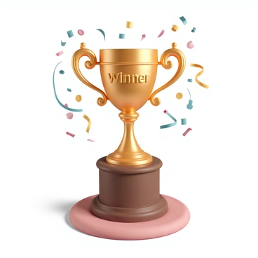 A shiny golden trophy, intricately designed with elegant curves and ornate patterns, is prominently displayed on a polished wooden pedestal. The trophy features a large cup with handles and is engraved with the words "Winner" in bold lettering. Surrounding the trophy are colorful confetti and streamers, adding to the festive atmosphere. The pedestal is placed on a soft, plush red carpet, enhancing the celebratory mood of the scene. Bright lights reflect off the trophy, creating a shimmering effect that highlights its brilliance.